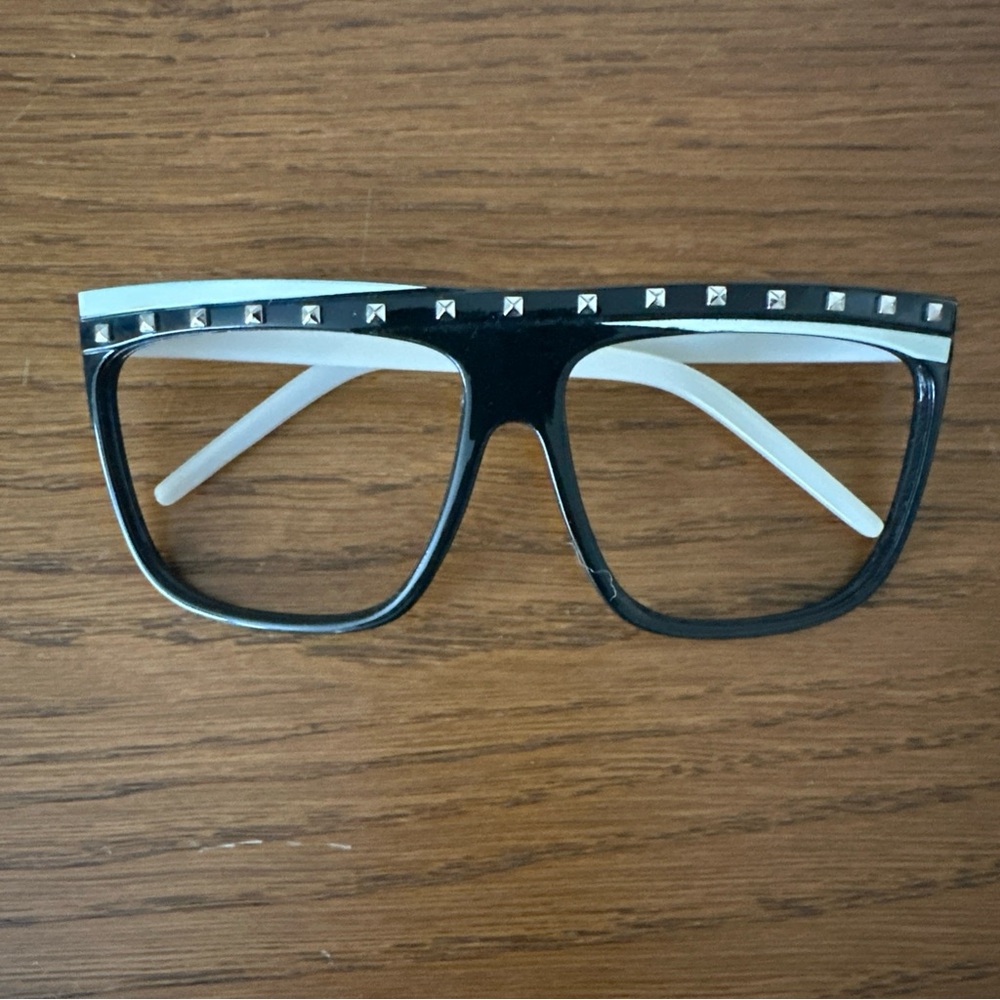 Oversized Square Black White Stud Flat Top Retro 80s Glasses Frame Only Costume